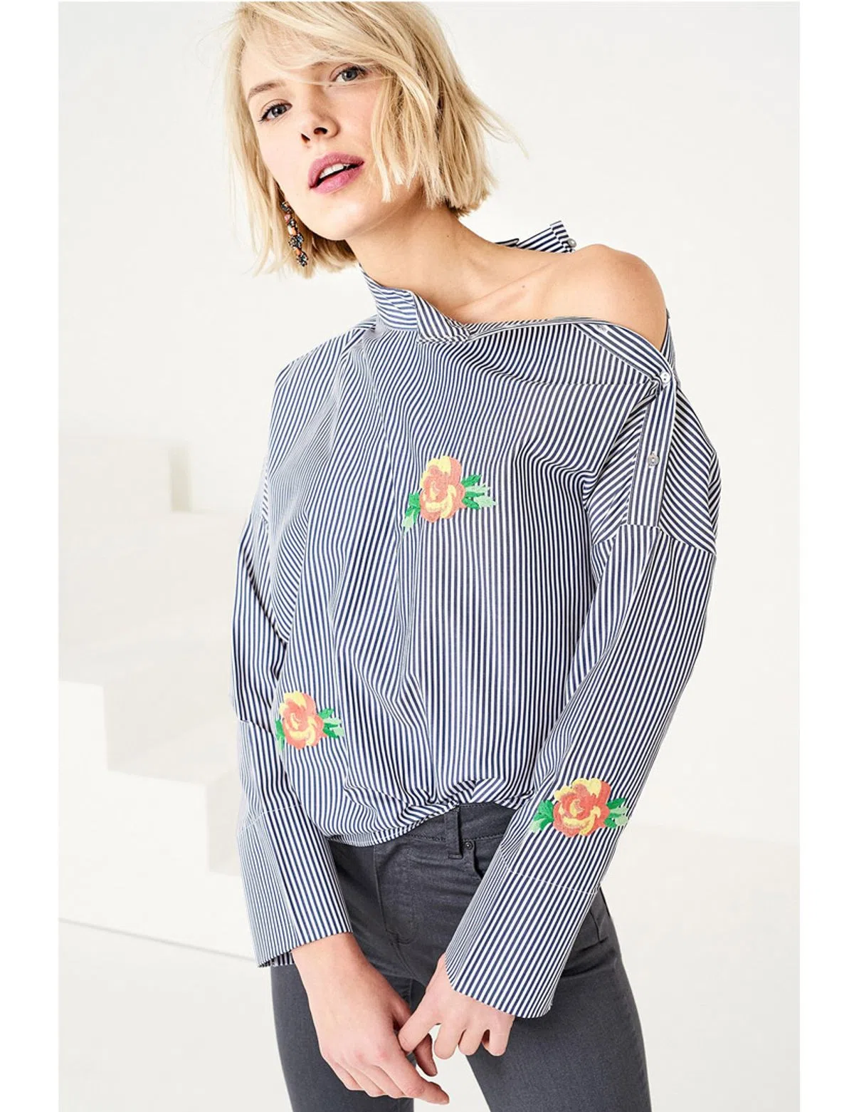 Open Shoulder Striped Blue Shirt