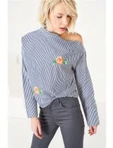 Open Shoulder Striped Blue Shirt