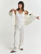 Calças Tailored Pleated Linen Bege