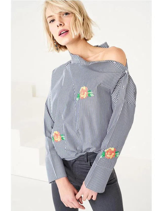 Open Shoulder Striped Blue Shirt