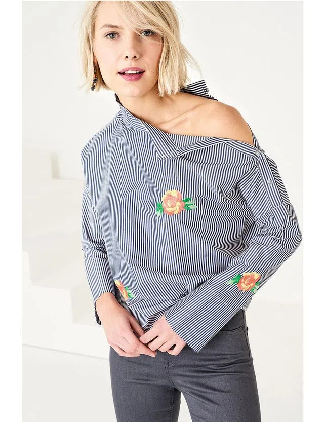 Open Shoulder Striped Blue Shirt