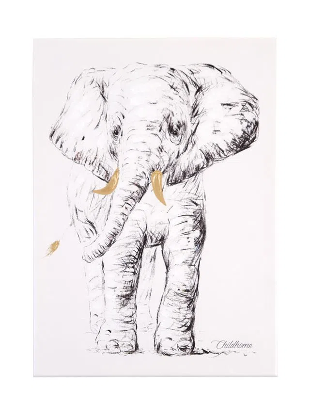 Quadro Pintado A Óleo Elefante + Dourado