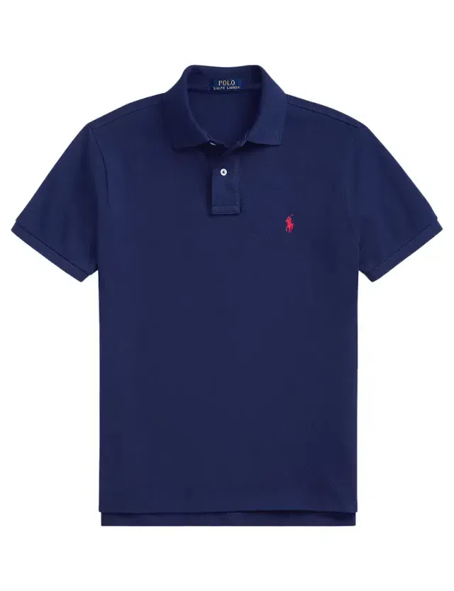 Pólo Slim Fit Azul Marinho Logotipo Vermelho