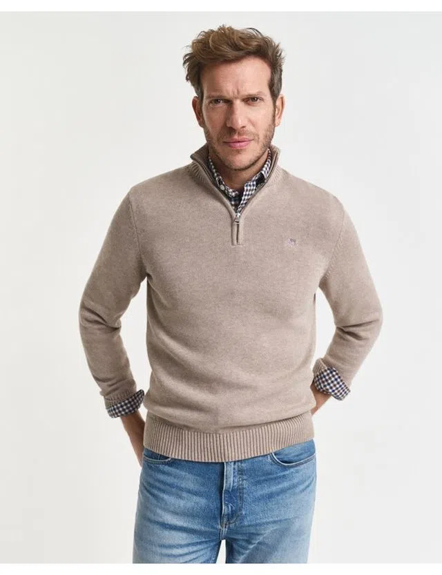 Camisola de malha com meio fecho Bege