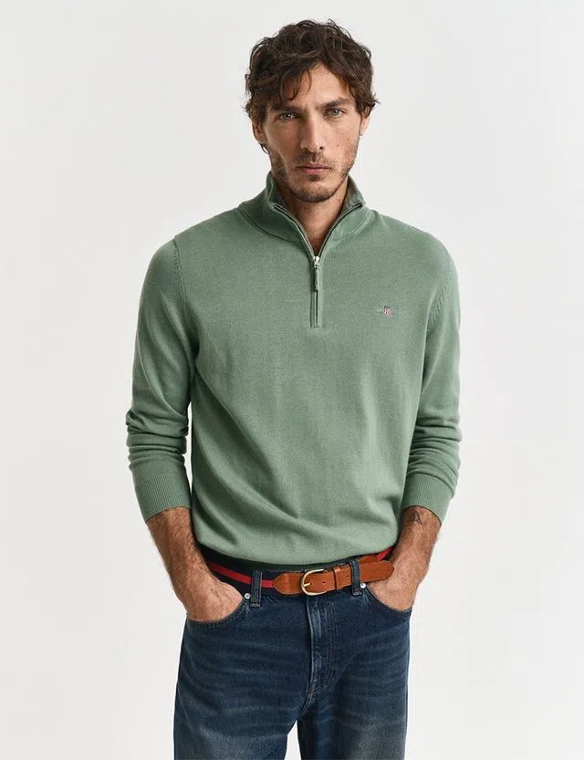 Knitted Jumper with Half Zip Green