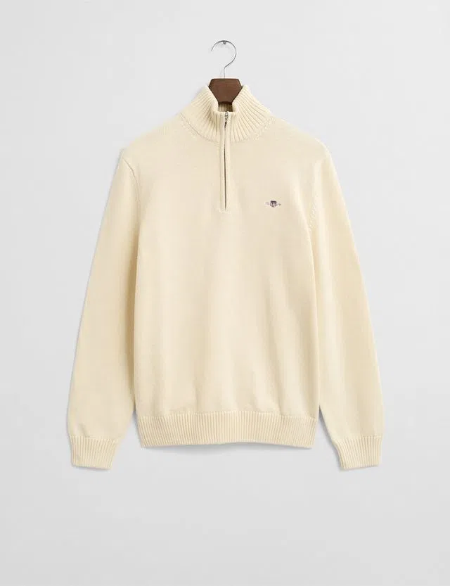 Beige Knit Sweater with Half Zip