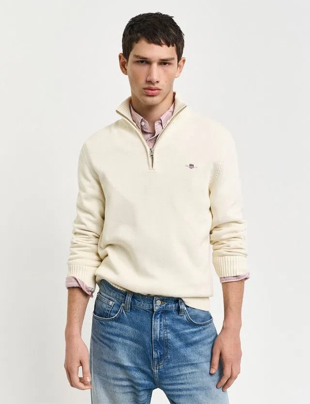 Beige Knit Sweater with Half Zip