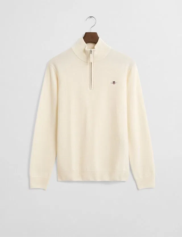 Fine Wool Sweater Half Zip Beige