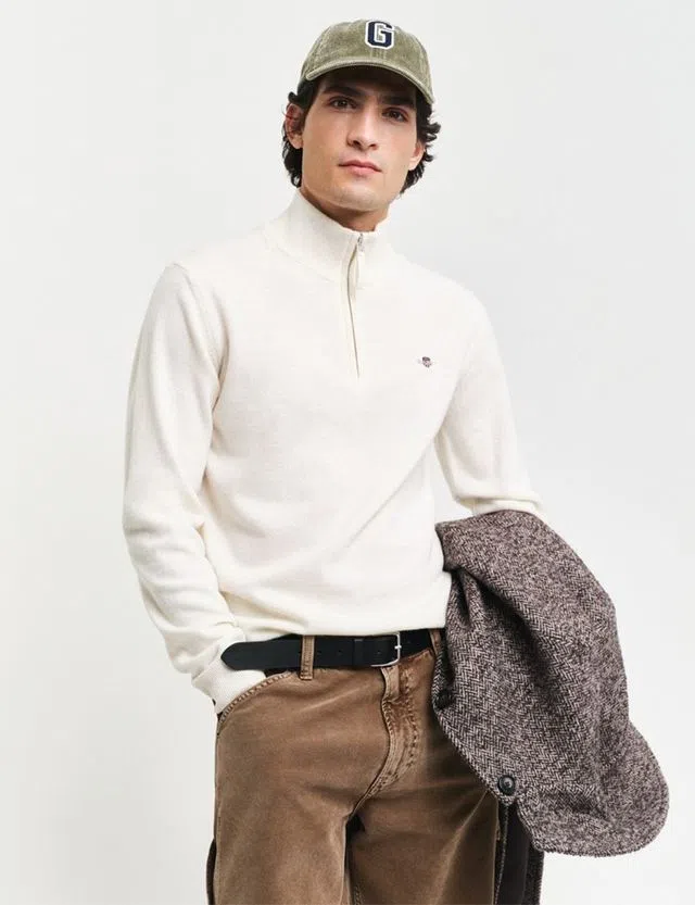Fine Wool Sweater Half Zip Beige